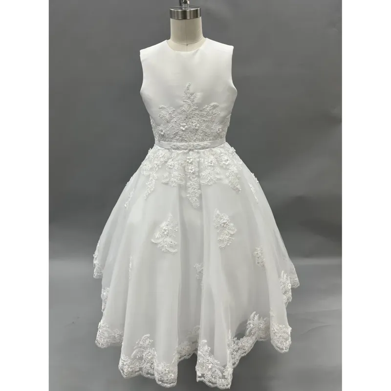 DRESS WHITE TEA LENGTH SATIN & TULLE EMBROIDERED SEQUIN & FLOWER APPLIQUE / 119377