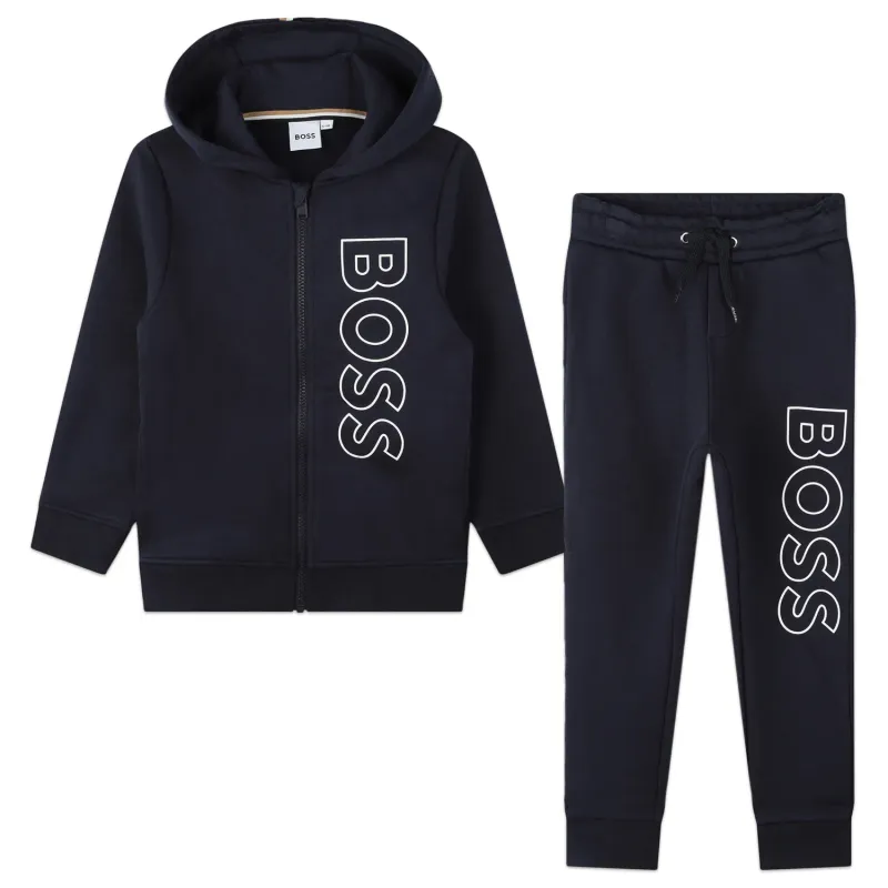 2PC TRACKSUIT NAVY HOODED WHITE BOSS LOGO ZIP CLOSURE / J28121-849