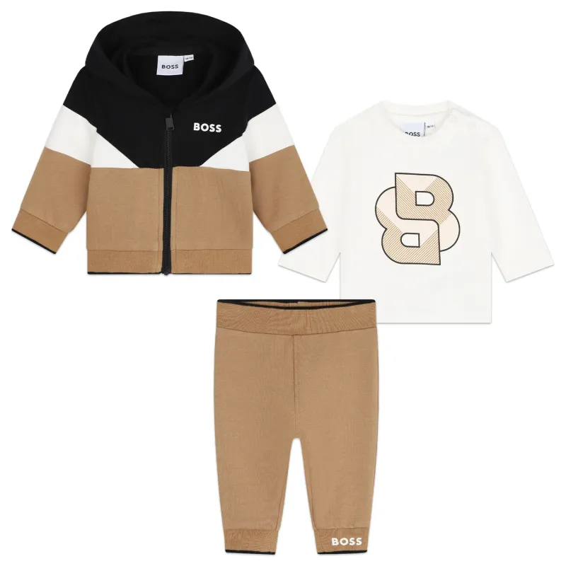 3PC TRACKSUIT BROWN CREAM & BLACK HOODED BOSS LOGO / 51059-269