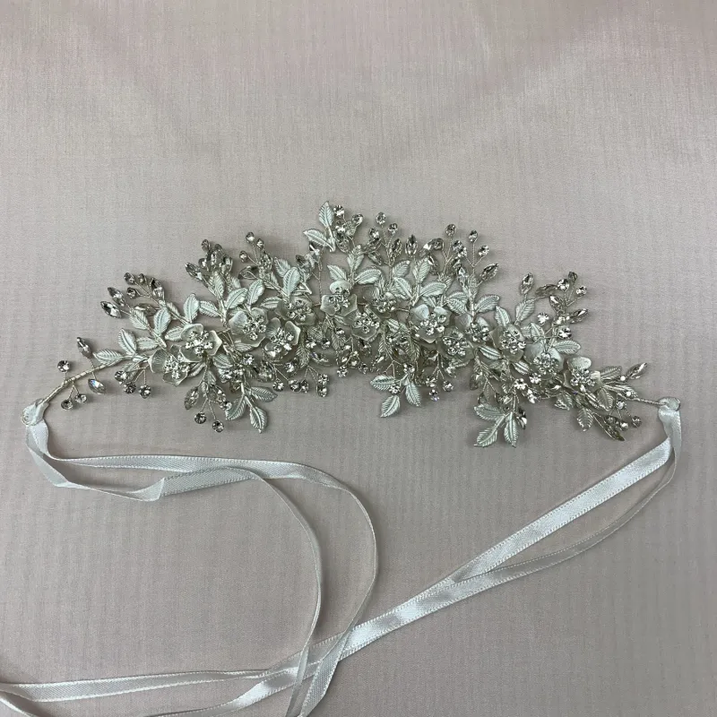 HEADBAND HAIRPIECE SMALL SILVER PEARLS & RHINESTONES