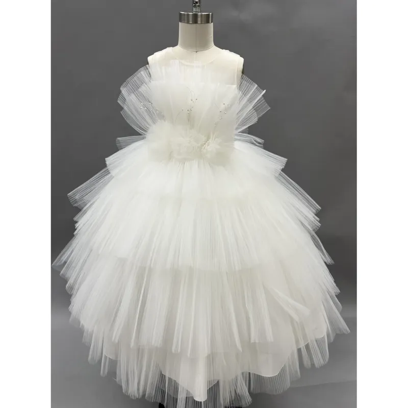 DRESS OFF WHITE PLEATED TULLE LAYERS SKIRT WITH APPLIQUE / L1077