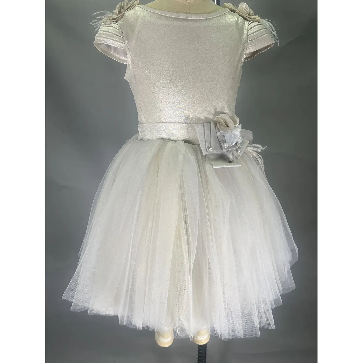 2PC DRESS & HAIRCLIP BEIGE LAME BODICE TULLE SKIRT RIBOBON & FLOWER PIN TRIM / 20318