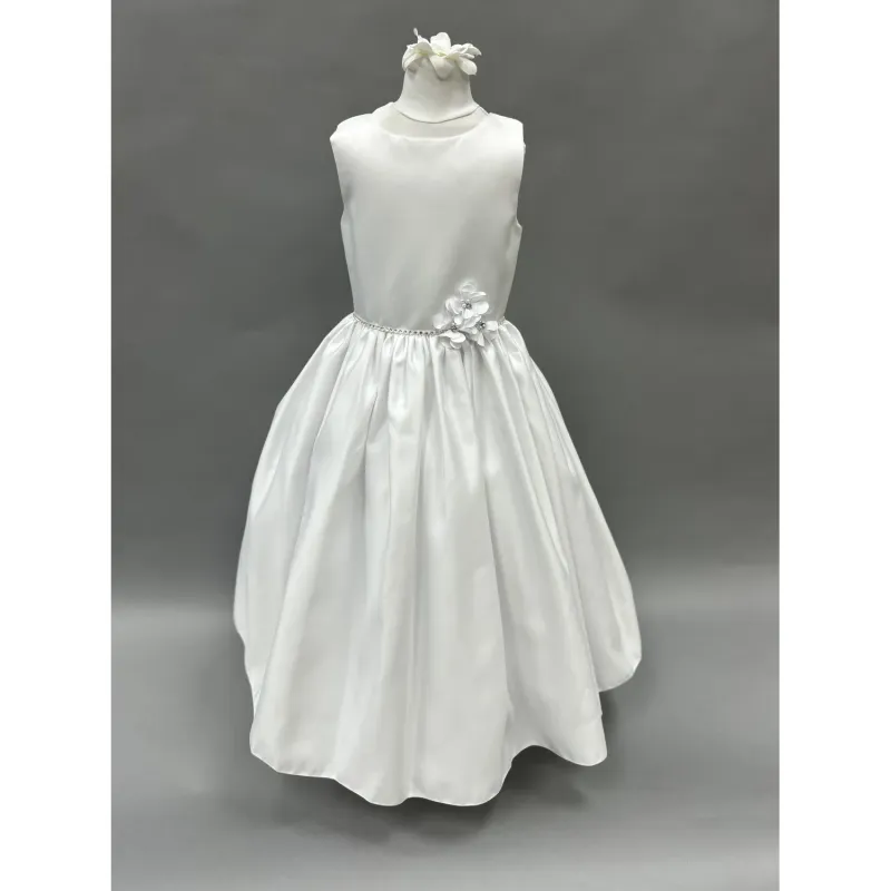 DRESS WHITE TAFFETA 3 FLOWERS ON WAIST TRIM / R21110