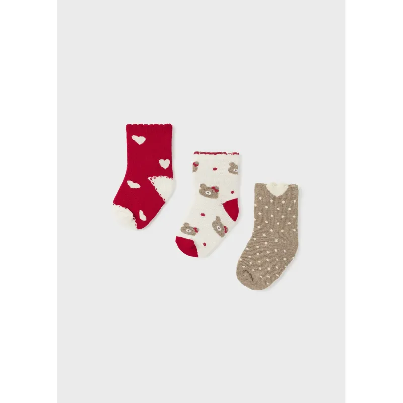 3PC SOCK SET CREAM BROWN & RED ASSORTED PRINTS / 10526-092