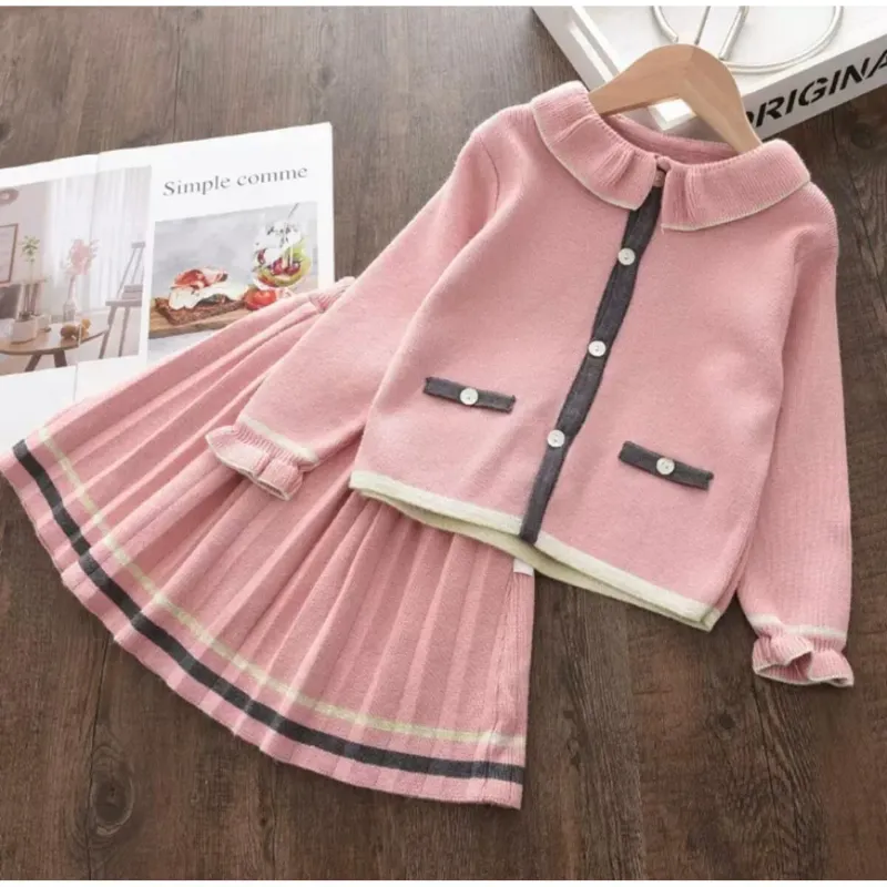 2PC KNIT CARDIGAN & SKIRT SET LIGHT PINK GREY TRIM PLEATED / 321-L4014