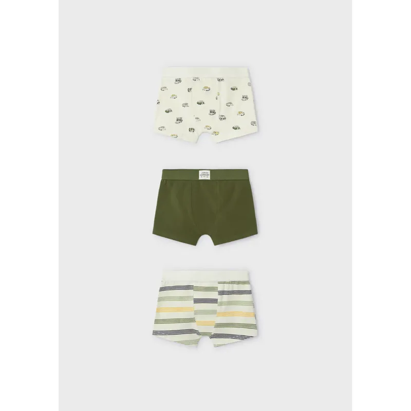 3PACK BOXER SHORTS GREEN & BEIGE ASSORTED PRINTS STRIPES & TRAILERS / 10694-013