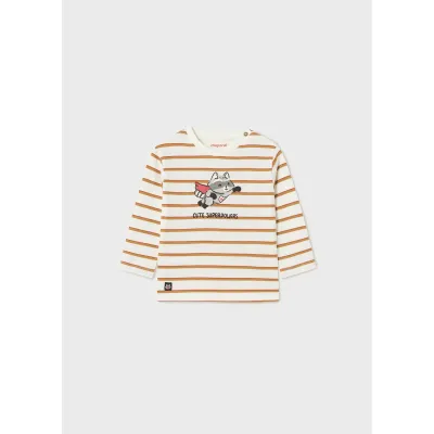 TSHIRT CREAM & BROWN STRIPE GREY KITTEN PRINT / 2028-041