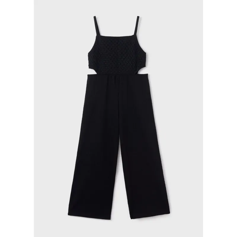 BLACK KNIT JUMPSUIT OPENWORK BODICE SPAGHETTI STRAPS / 59-020