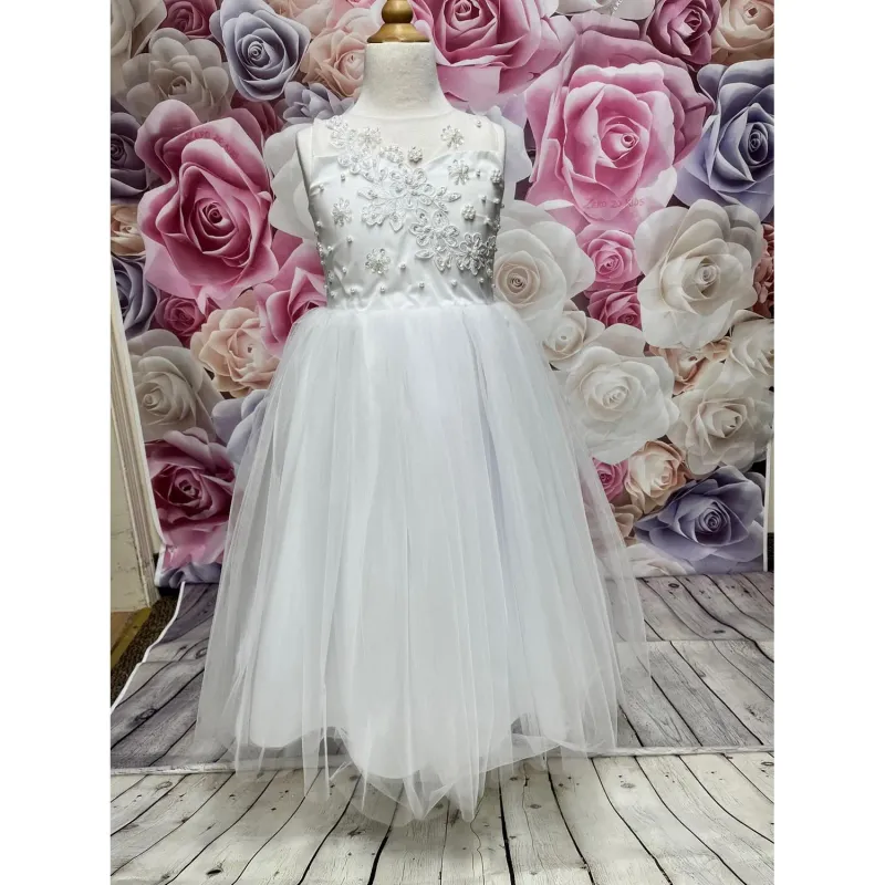 DRESS WHITE LONG PEARL & LACE BODICE TULLE SKIRT / 8168L