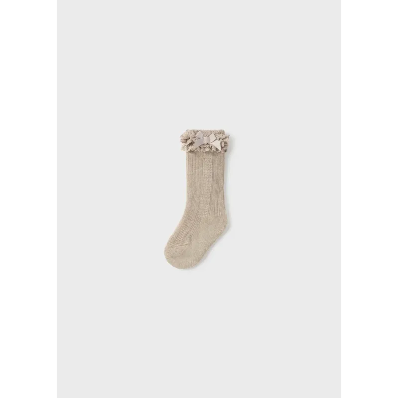 KNEEHIGH SOCKS LIGHT BROWN LACE & VELVET BOW TRIM / 10525-086