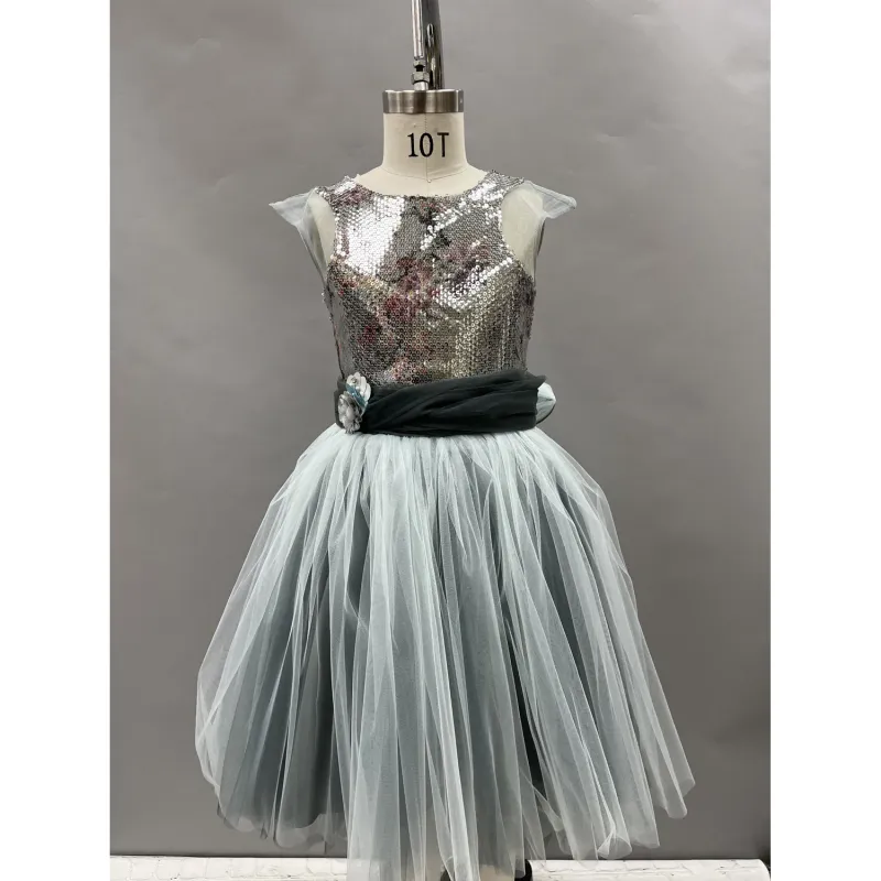 2 PC DRESS & HAIRCLIP MINT SEQUIN BODICE TULLE SKIRT WAISTPIN ON BELT / 20924