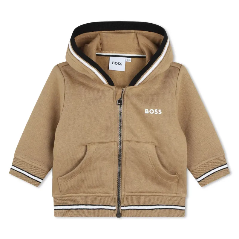 BROWN HOODIE CARDIGAN WHITE & BLACK STRIPE TRIM / J51246-269