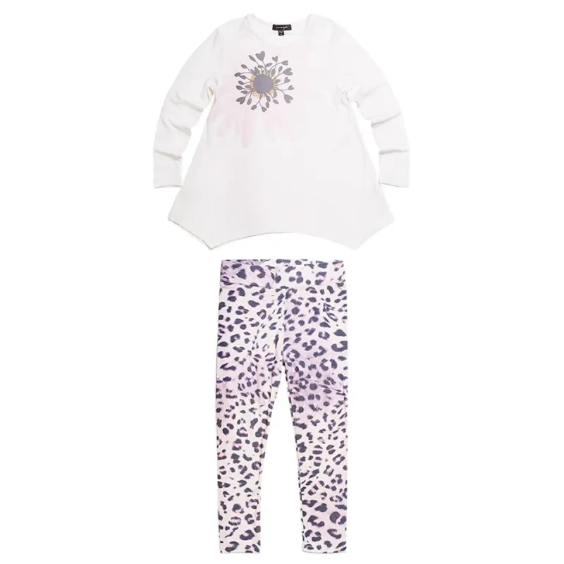 LYNX 2PC TUNIC & LEGGING IVORY & LYNX PRINT FLOWER-GREY HEART PRINT / AMBER