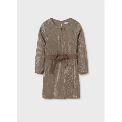 BROWN SEQUIN DRESS LONG SLEEVE WITH BELT / 7980-056