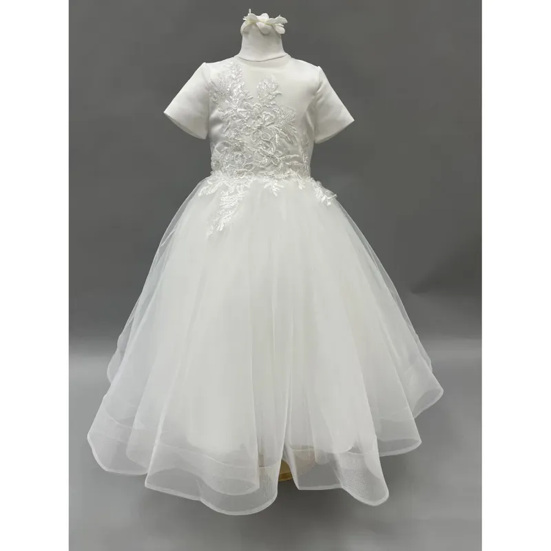 GOWN OFF WHITE SATIN & TULLE LACE EMBRODIERY HEART CUTOUT BACK / Z3166