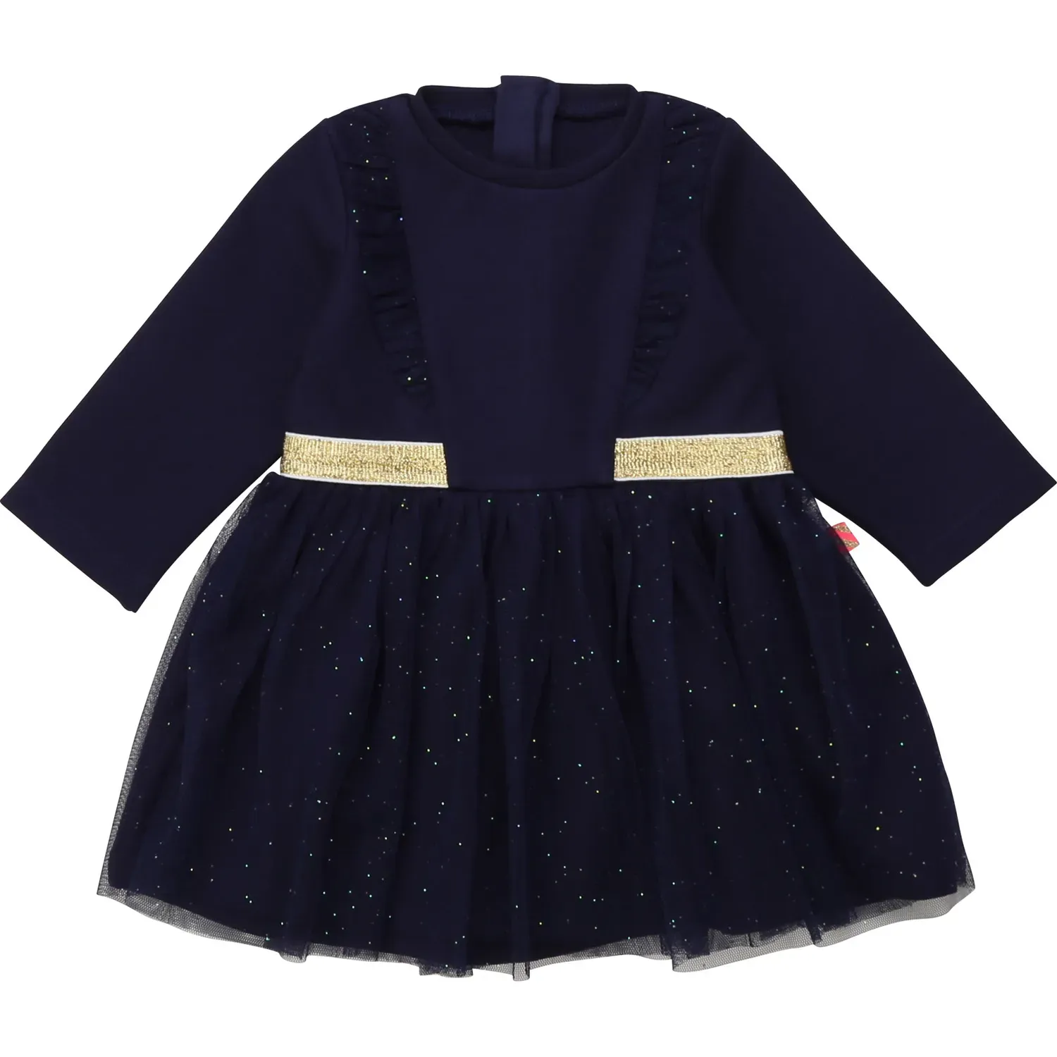 DRESS NAVY TULLE SPARKLY LAYER-GOLD WAIST BAND-RUFFLE TRIM / 2276