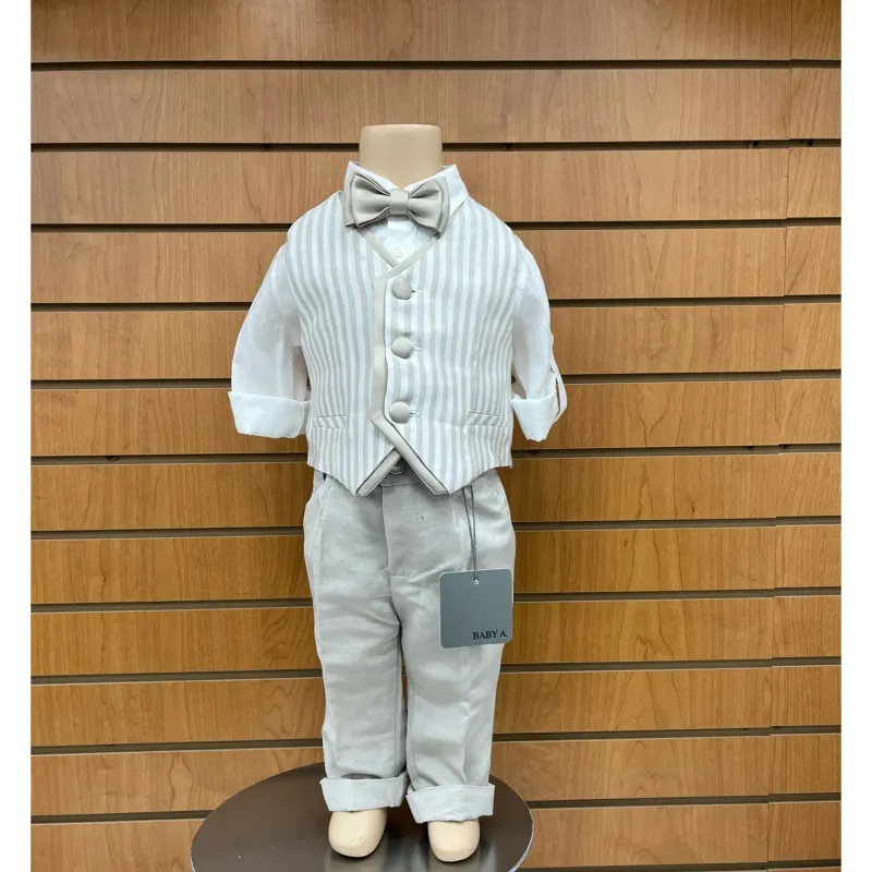 4PC VEST SET BEIGE & CREAM STRIPE VEST-ONZIE-PANT-BOWTIE / A2804