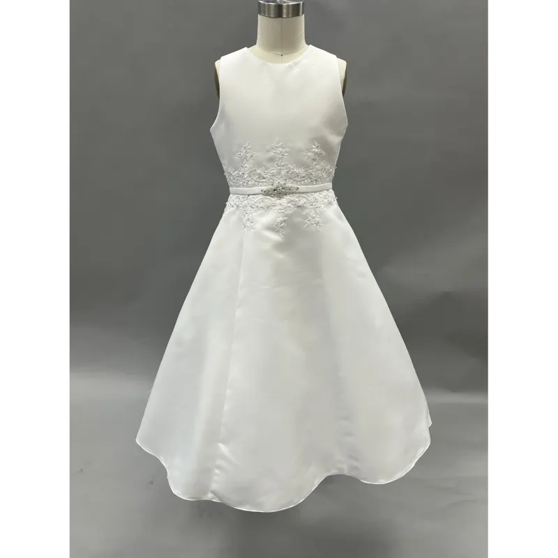 DRESS WHITE TEA LENGTH SATIN EMBROIDERED WAIST TRIM / 120339