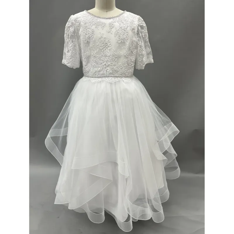 GOWN WHITE LACE BODICE 1 / 4 SLEEVE LAYERED TULLE SKIRT / FG2102H