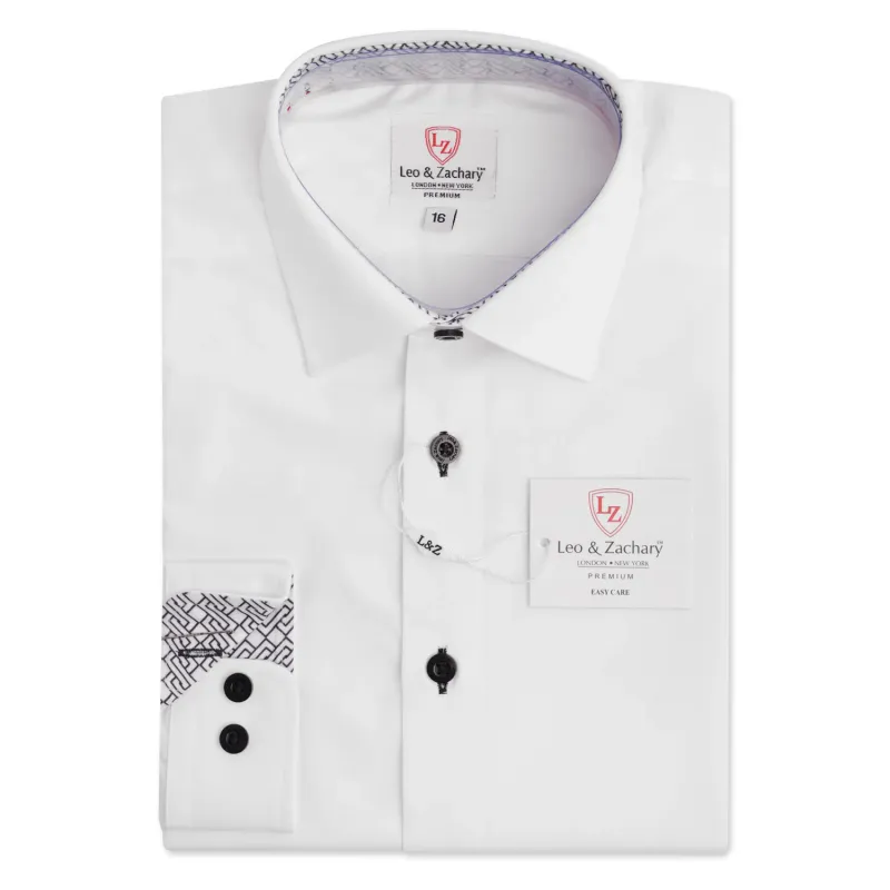 SHIRT WHITE BLACK STITCH & PRINT CUFF & NECKLINE WRINKLE FREE / P5531