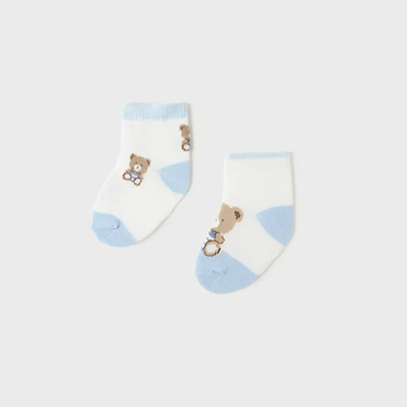 2 PC SOCK WHITE BLUE TRIM BROWN BEAR PRINT