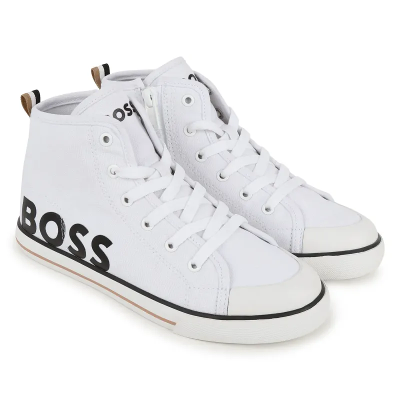 SHOE HIGH CUT WHITE BLACK BOSS LOGO WITH LACES / J51029-10P