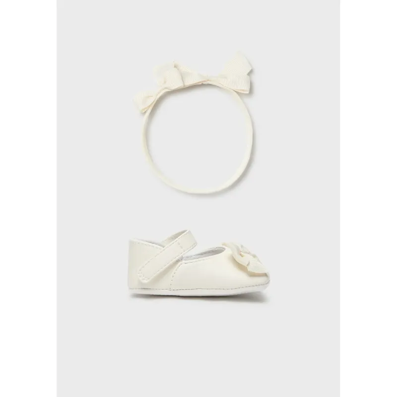 2PC SHOE & HEADBAND SET OFF WHITE RIBBED BOW TRIM / 9690-092