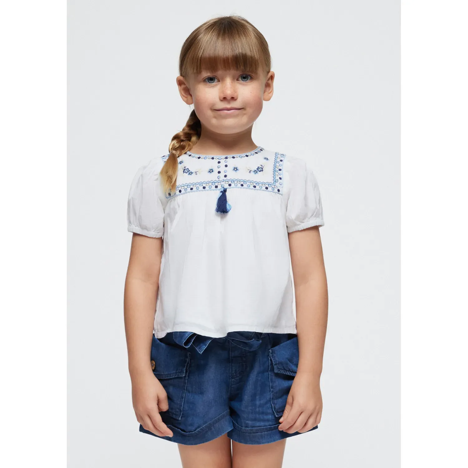 BLOUSE WHITE BLUE EMBROIDERED BODICE SHORT SLEEVE / 3180-027