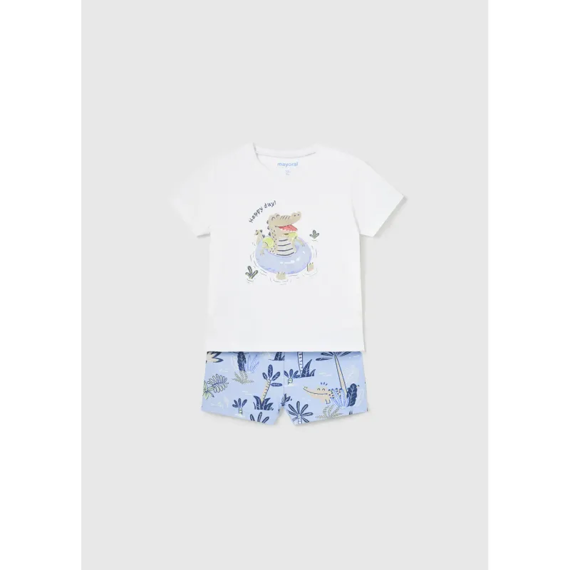 2PC SWIMSUIT & TSHIRT SET WHITE TOP BLUE PALM TREE PRINT BROWN ALIGATOR PRINT / 1648-047
