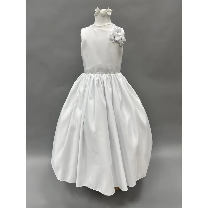 DRESS WHITE TAFFETTA 3 FLOWERS ON BODICE SLEEVELESS / R21110