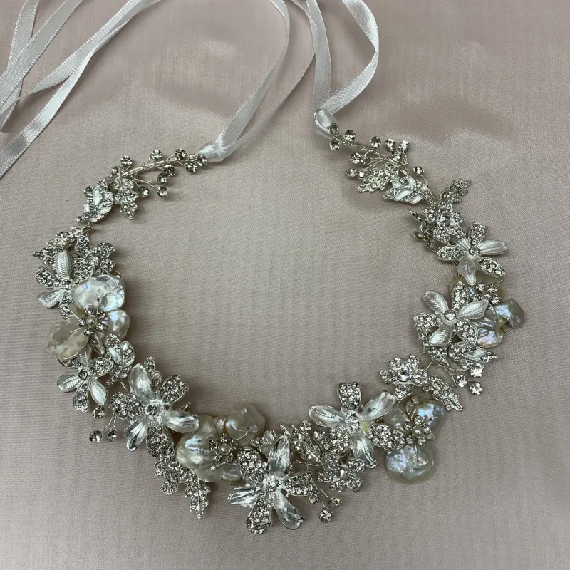 HEADBAND SILVER OPAQUE RHINESTONES FLOWERS