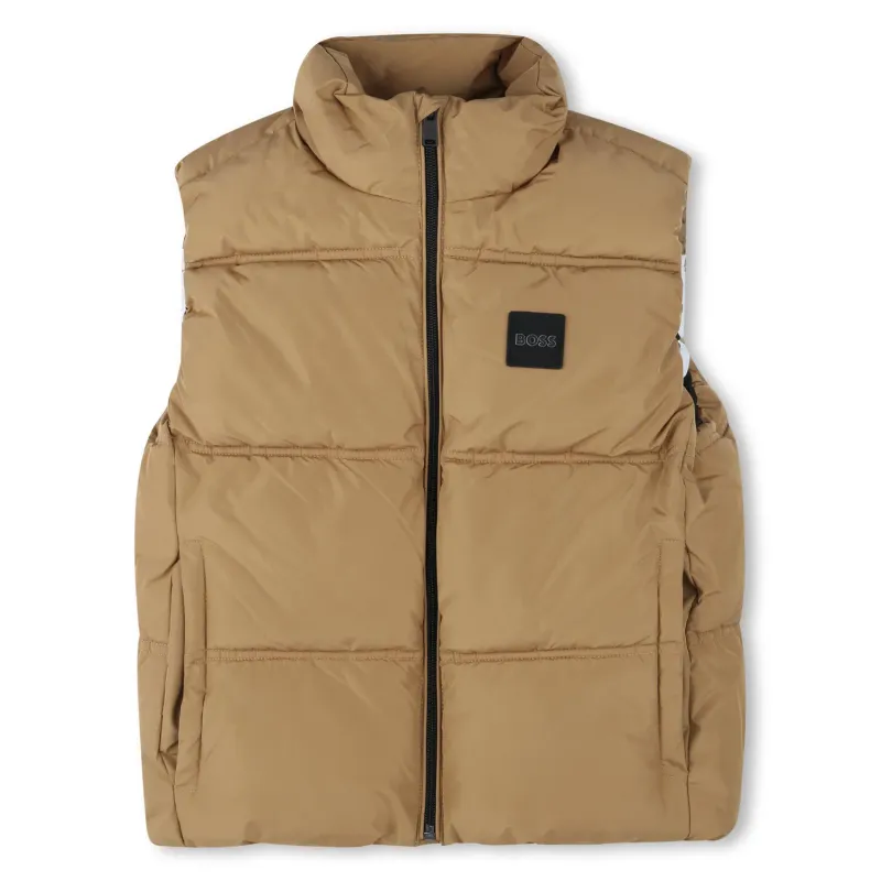 BROWN PUFFER VEST BLACK BOSS PATCH LOGO / J51238-269