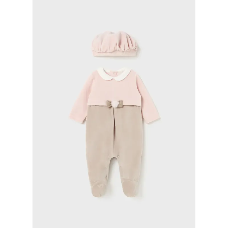 2PC VELOUR PINK & BROWN SLEEPER & HAT BOW TRIM / 2782-011