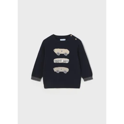 NAVY KNIT SWEATER 3 RACECARS PRINT / 2313-080