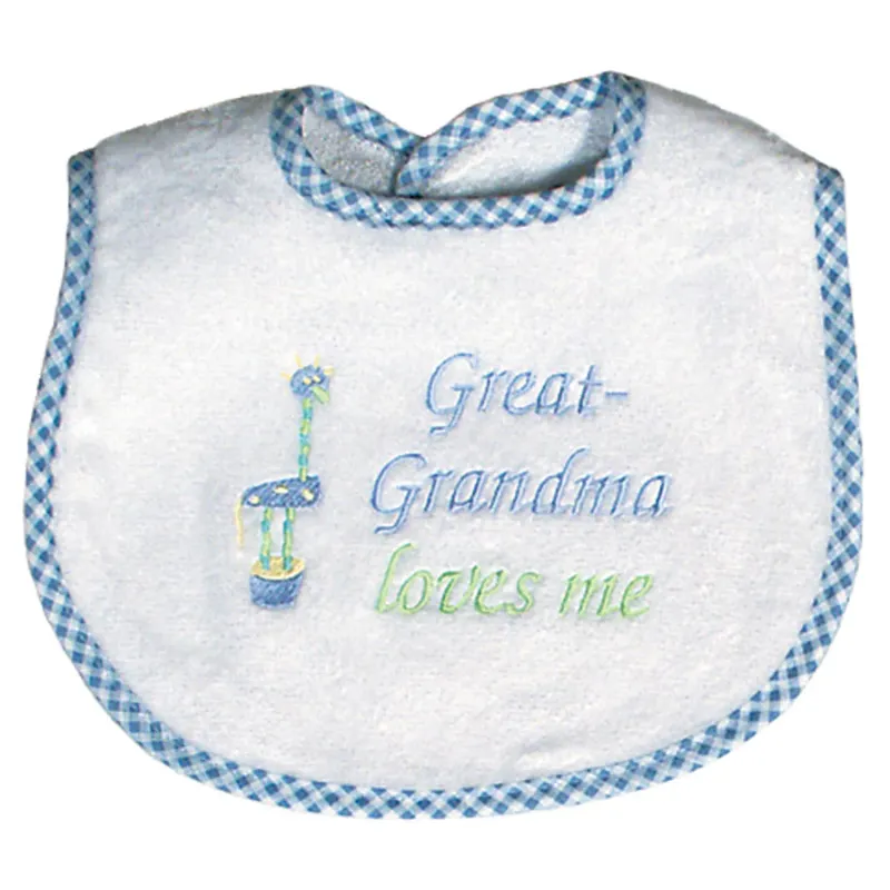 BIB WHITE TERRY BLUE CHECK BINDING GREAT GRANDMA LOVES ME / 6737