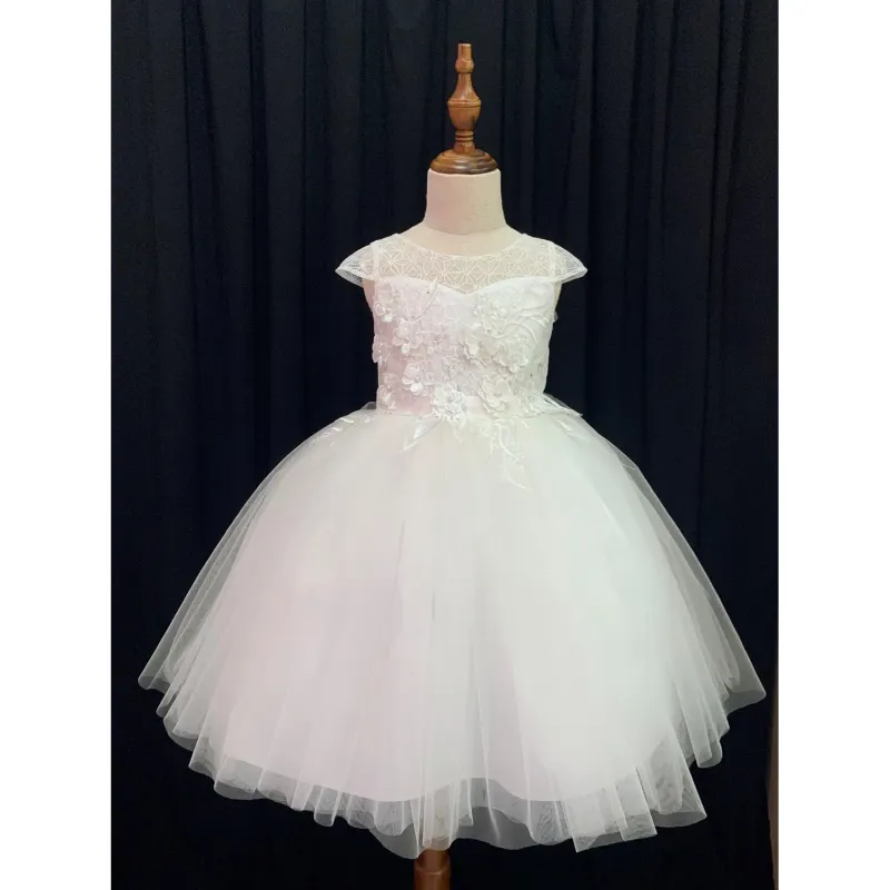 DRESS OFF WHITE EMBROIDERED BODICE TULLE SKIRT FLOWER APPLIQUE / 8183
