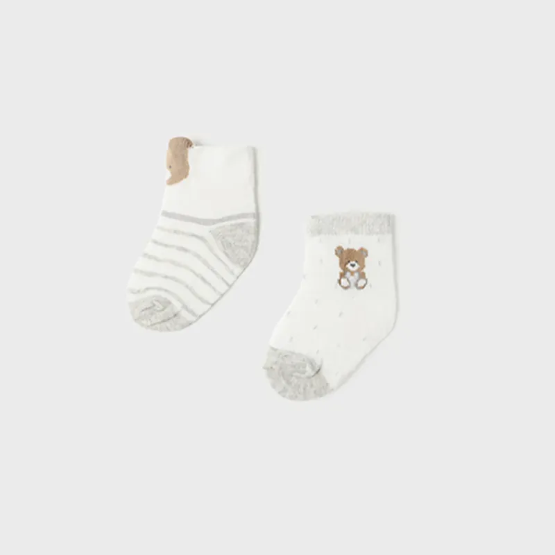 2PACK SOCK WHITE & GREY STRIPE OR DOTS BROWN TRIM / 9588-030