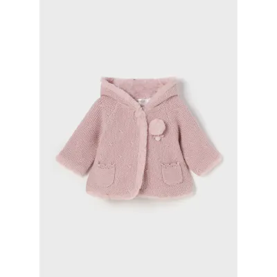 PINK HOODED KNIT CARDIGAN COAT FUR LINING / 2304-081