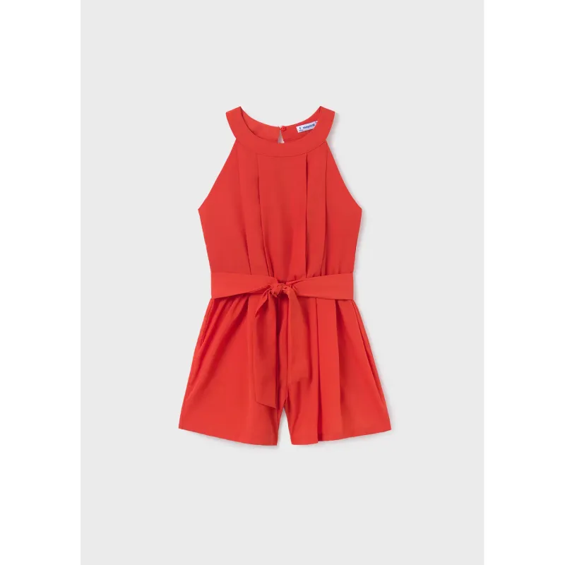 ROMPER BRICK RED IMITATION BELT PLEATS ROUND NECKLINE / 6854-053