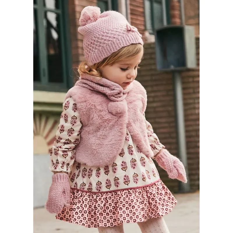 PETAL PINK 3PC HAT & SCARF &MITTEN SET KNIT WITH POMPOM / 10.769-041