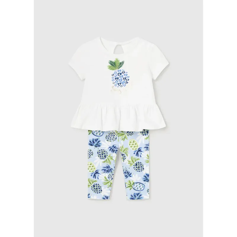 2PC LEGGING SET WHITE TOP BLUE PRINT LEGGING PINEAPPLE & LEAVES / 1734-047