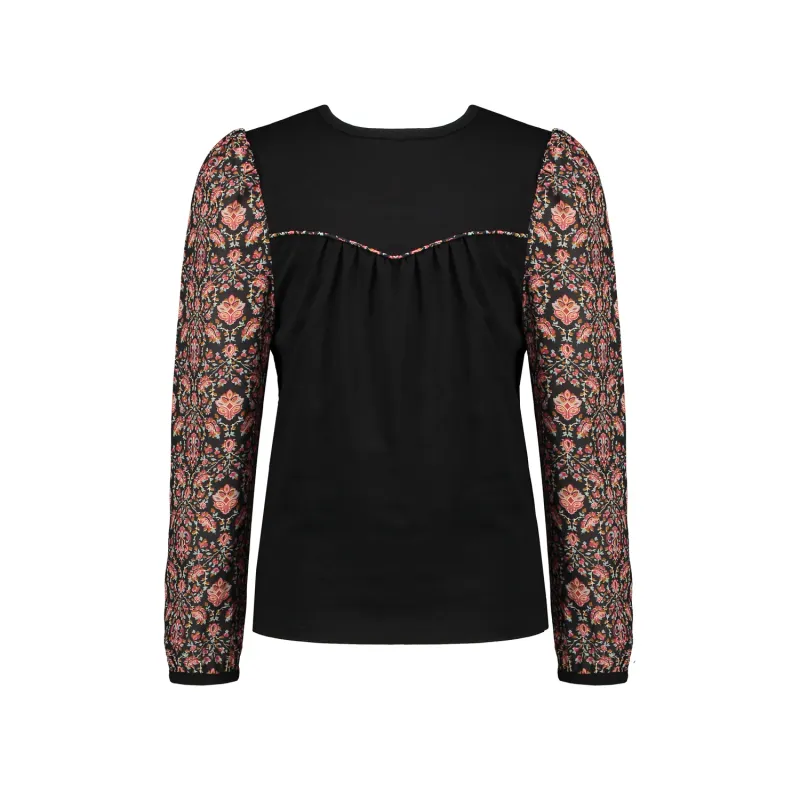 BLOUSE TOP BLACK JERSEY & FLORAL SLEEVES / 5400