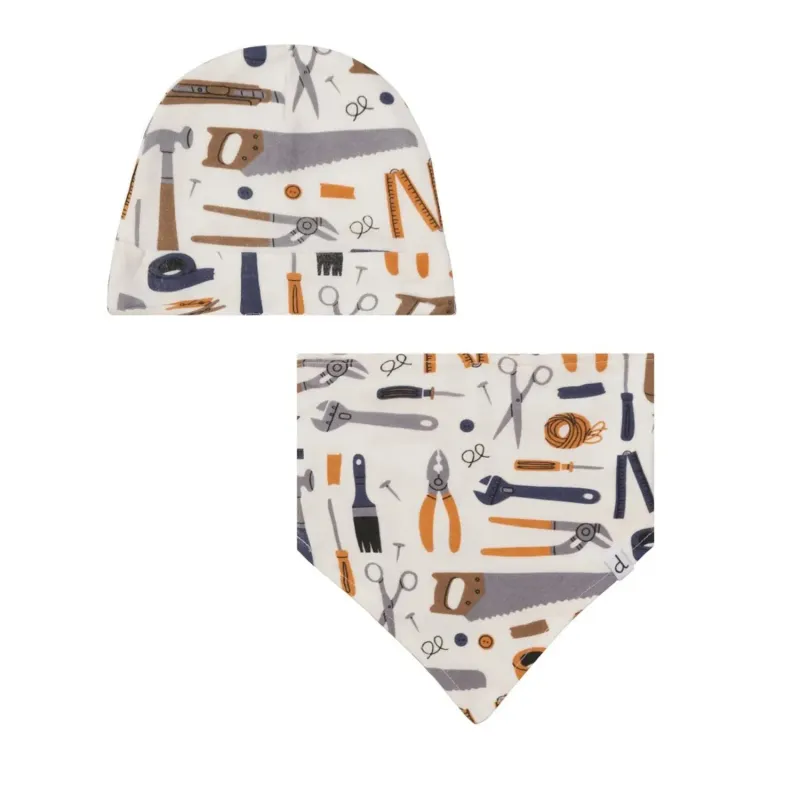 2 PC HAT & BIB WHITE TOOLS PRINT 3-9M / E30PA10-037