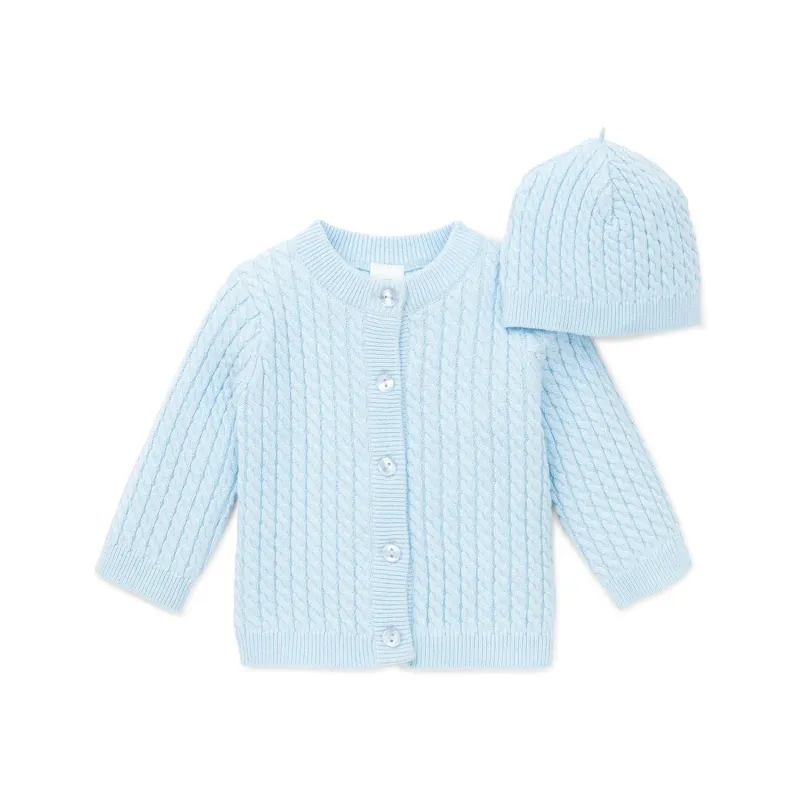 2 PC CARDIGAN & HAT KNIT LIGHT BLUE CABLE STITCH / LLE00333N