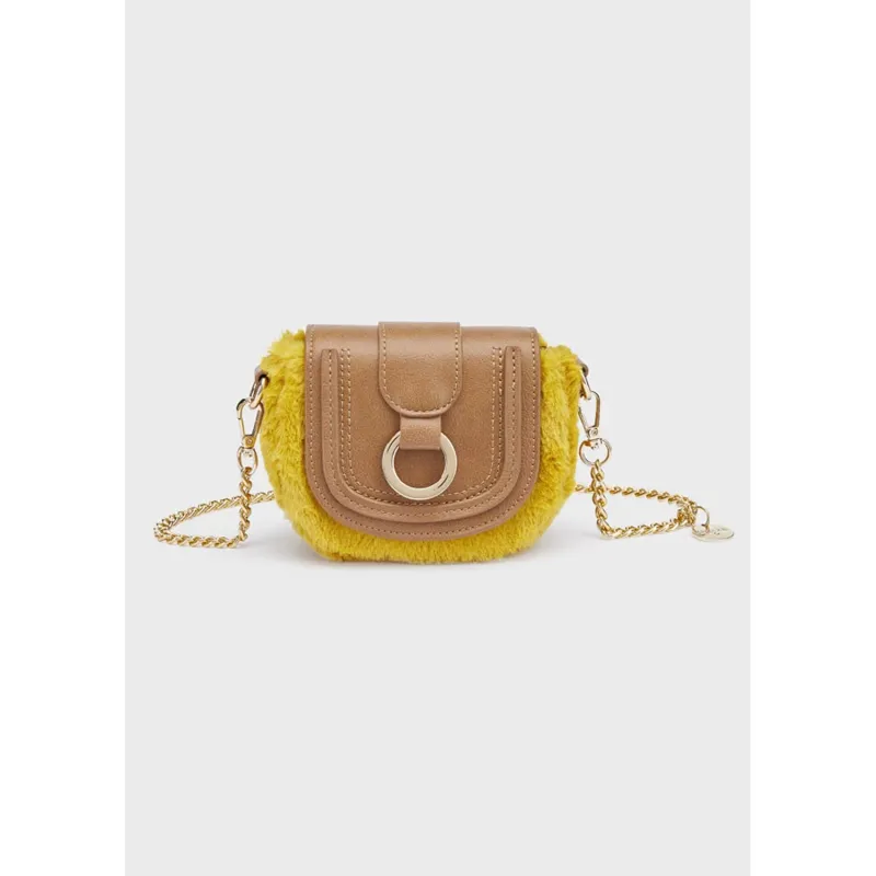 FAUX FUR PURSE YELLOW BROWN LEATHER FLAP / 5955