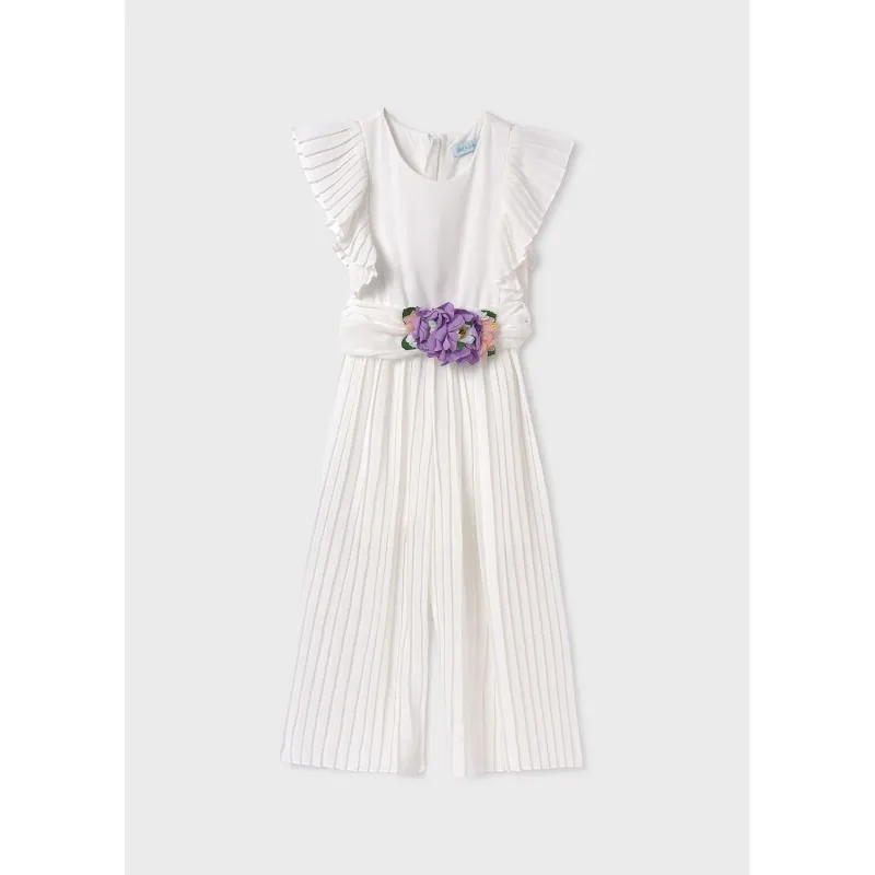 JUMPSUIT & BELT CREAM PLEATED CHIFFON PURPLE FLOWER TRIM / 5259-051