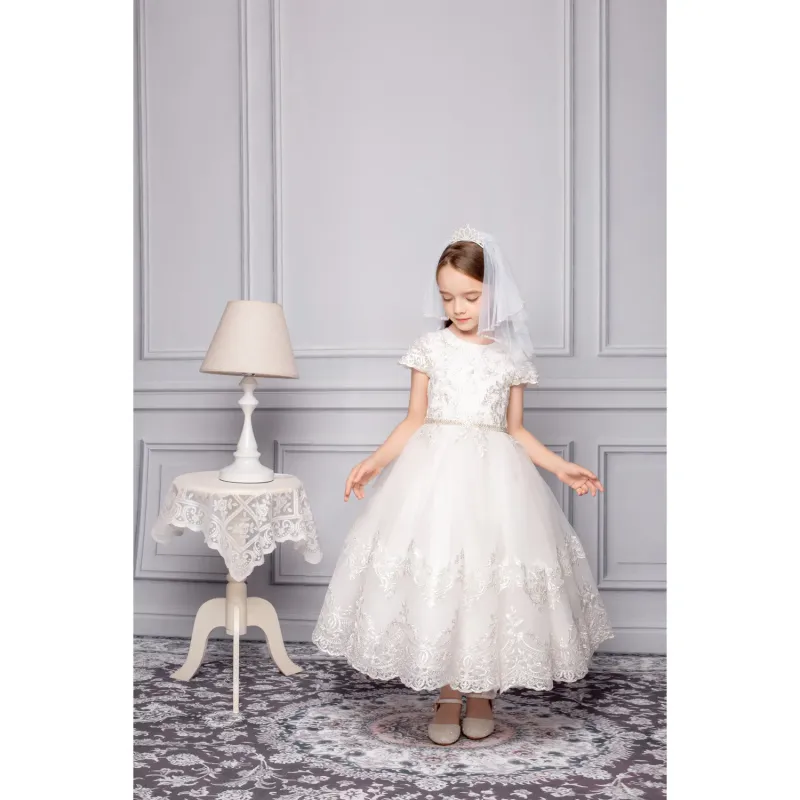 GOWN OFFWHITE & SILVER EMBROIDERED TULLE BODICE & HEM RHINESTONE BELT PEARL TRIM / Z23124
