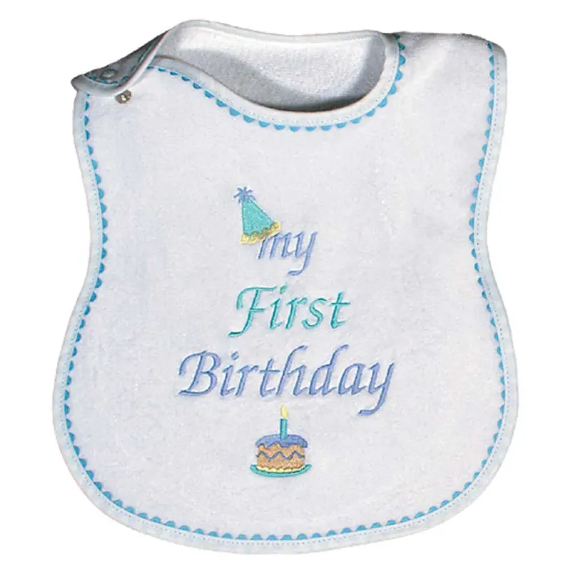 BIB WHITE TERRY BLUE TRIM MY FIRST BIRTHDAY / 6003
