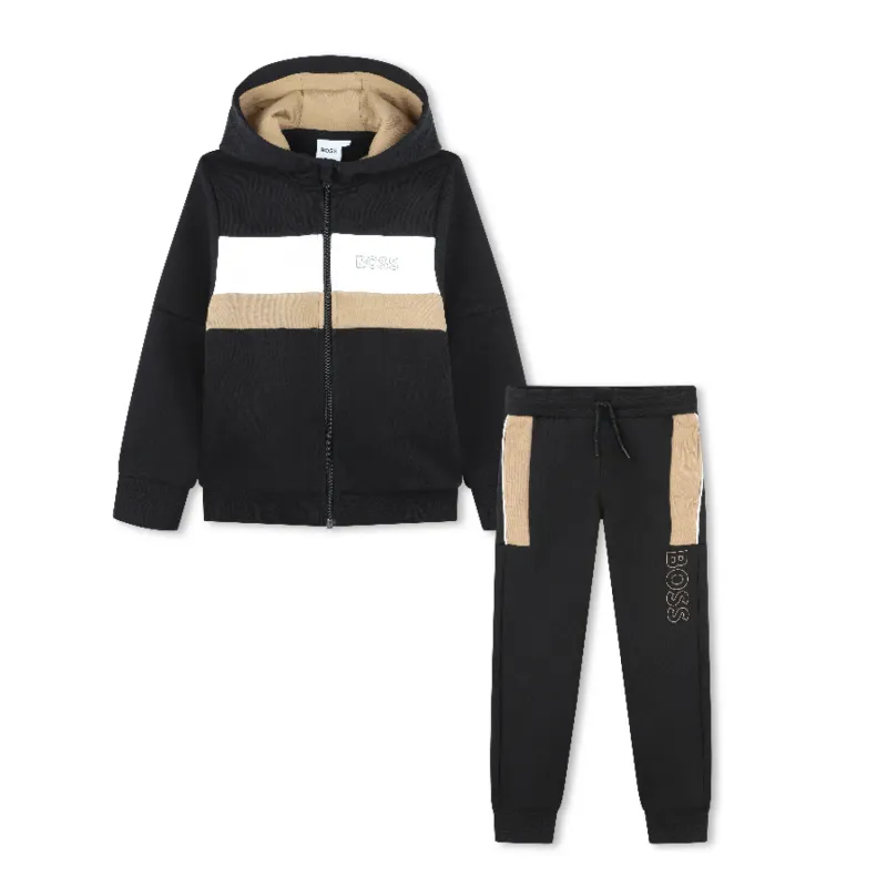 2PC JOGGING SET BLACK HOODED WITH WHITE & BROWN STRIPE ZIP CLOSURE / J50627-09B