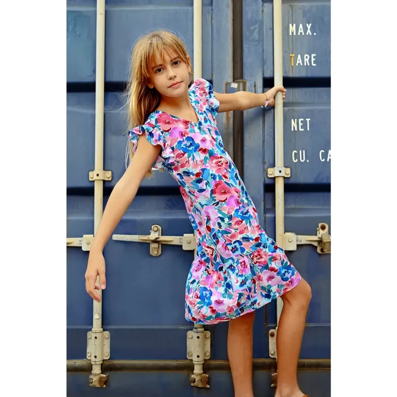 DRESS BLUE FLORAL PRINT FRILL CAP SLEEVE VNECKLINE / MMLA1442BCP
